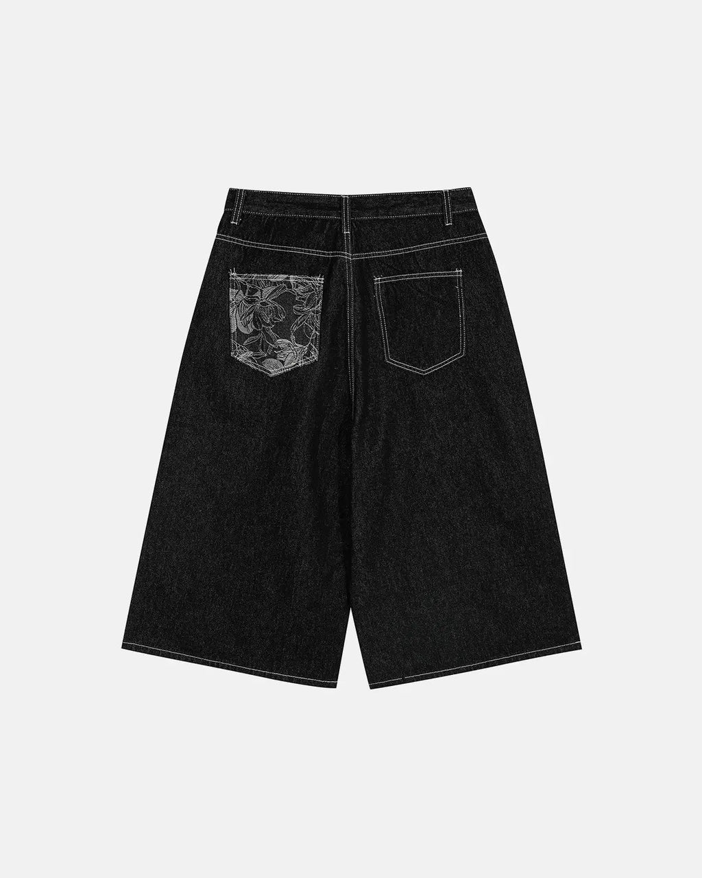 Inflation Streetwear baggy denim jorts with embroidered pocket, casual men's pants featuring distressed denim and decorative stitching.