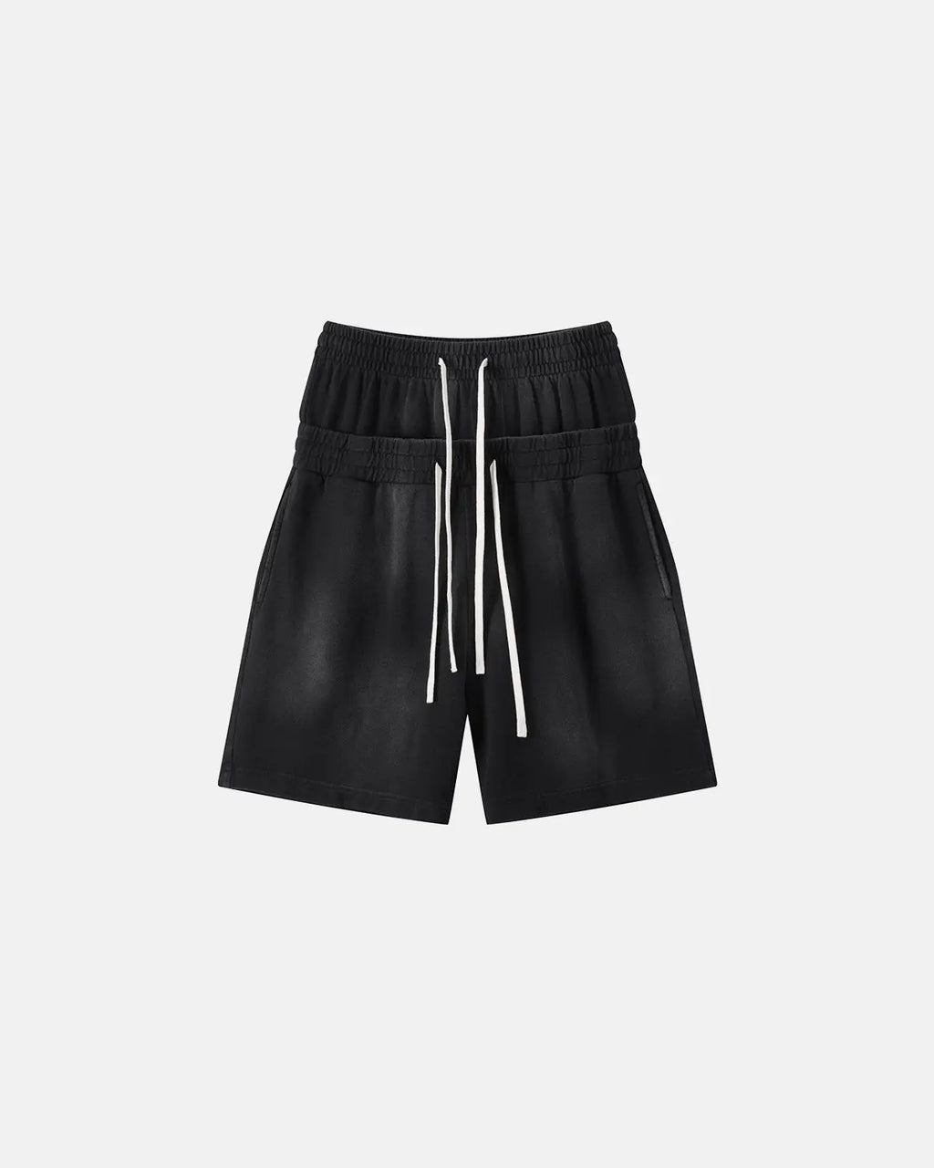 Inflation Streetwear Double Waist Monkey Wash Sweat Shorts, black with adjustable waist and relaxed fit, casual streetwear style