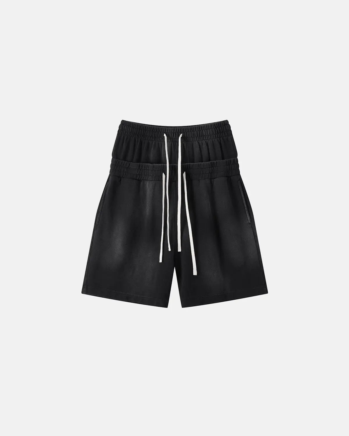 Inflation Streetwear Double Waist Monkey Wash Sweat Shorts, black with adjustable waist and relaxed fit, casual streetwear style