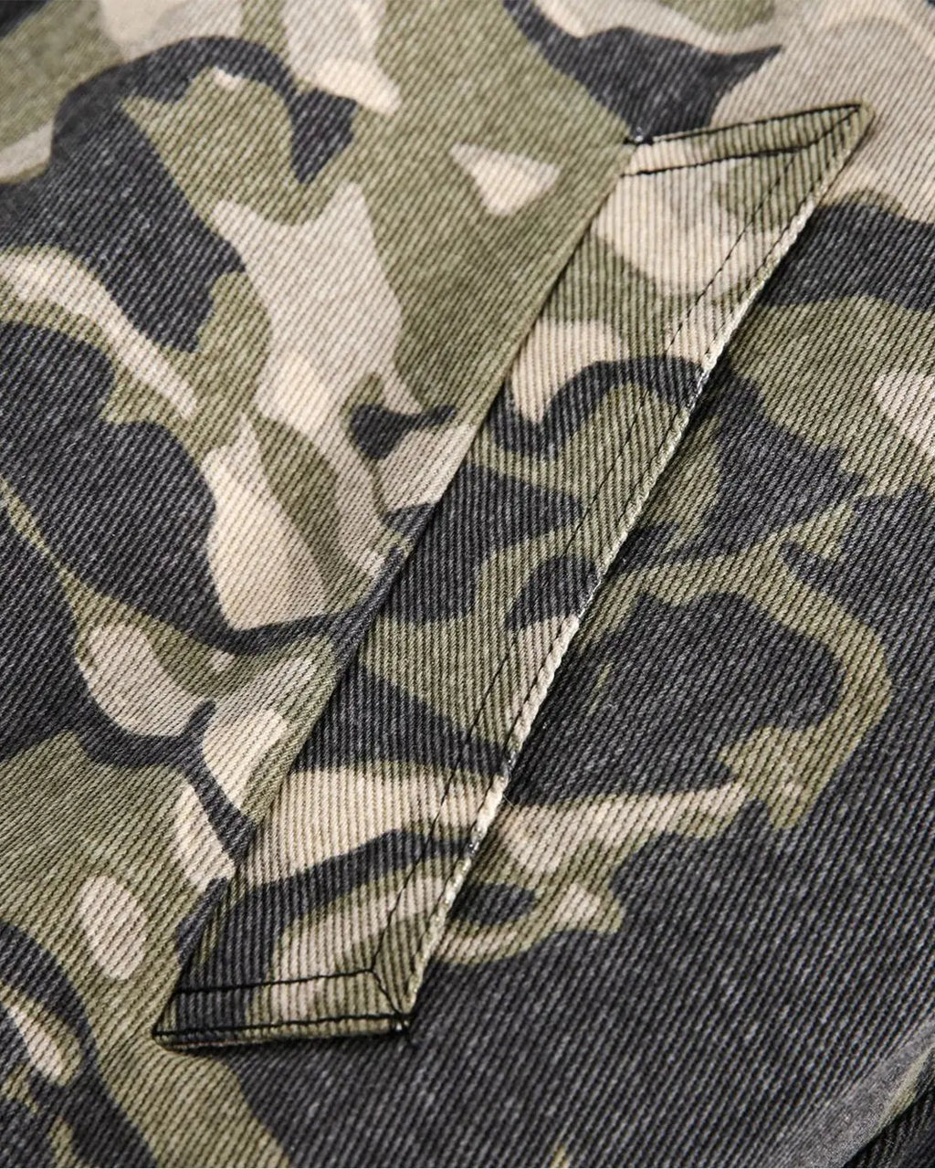 Camo faux fur padded hooded jacket by INFLATION streetwear featuring a camo pattern, faux fur trim, and quilted insulation.