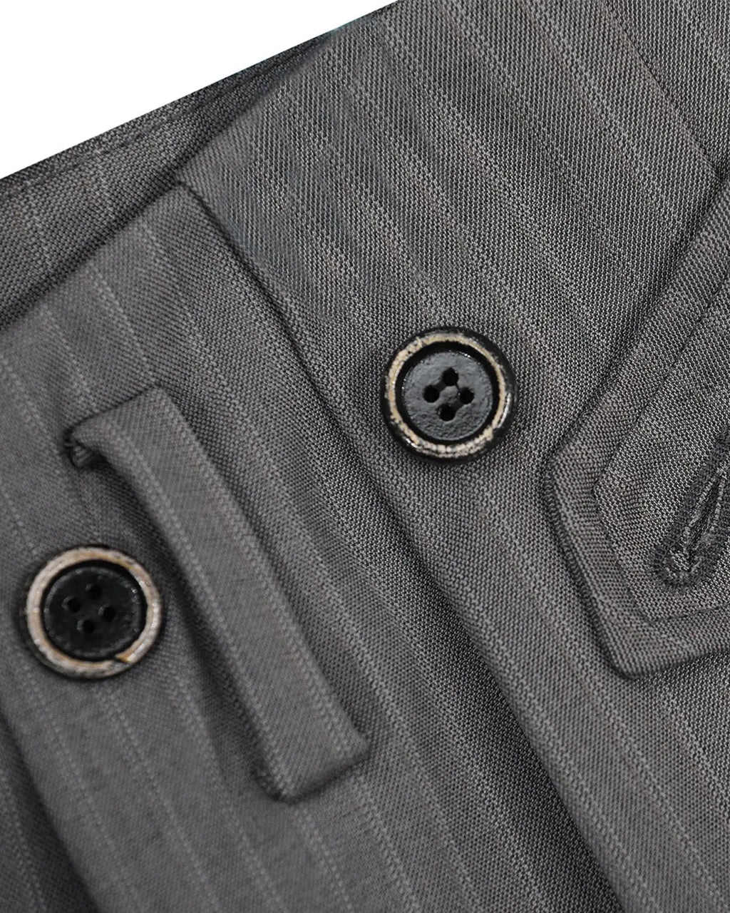 Inflation Streetwear pinstripe buttons barrel suit pants with tailored fit and classic pattern, displayed on a hanger.