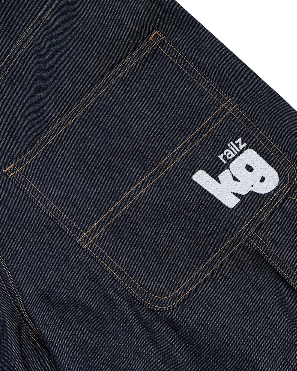 Raw denim carpenter long jorts by INFLATION, casual denim pants with functional pockets and distressed details, styled for streetwear.