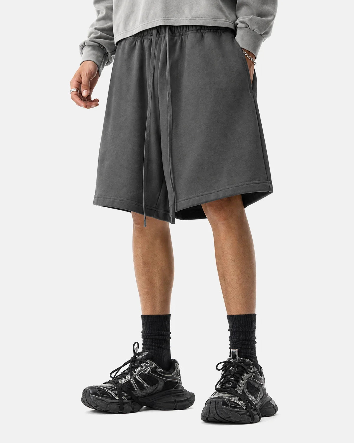 Inflation Heavyweight Drawstring Sweat Shorts with elastic waistband, casual streetwear style, in a neutral color.