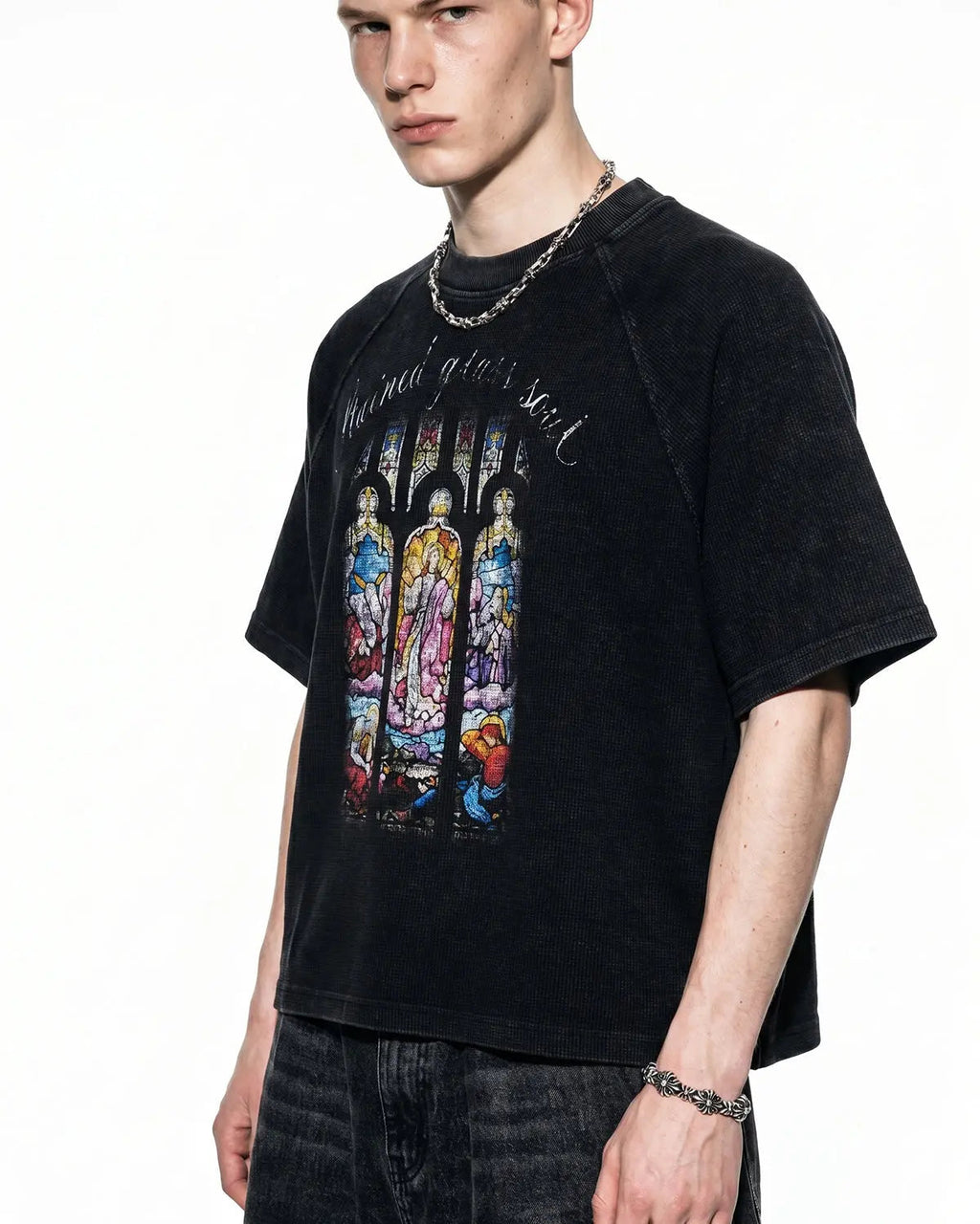 Washed graphic boxy waffle T-shirt by INFLATION Streetwear, featuring a casual fit and bold graphic design on soft fabric.