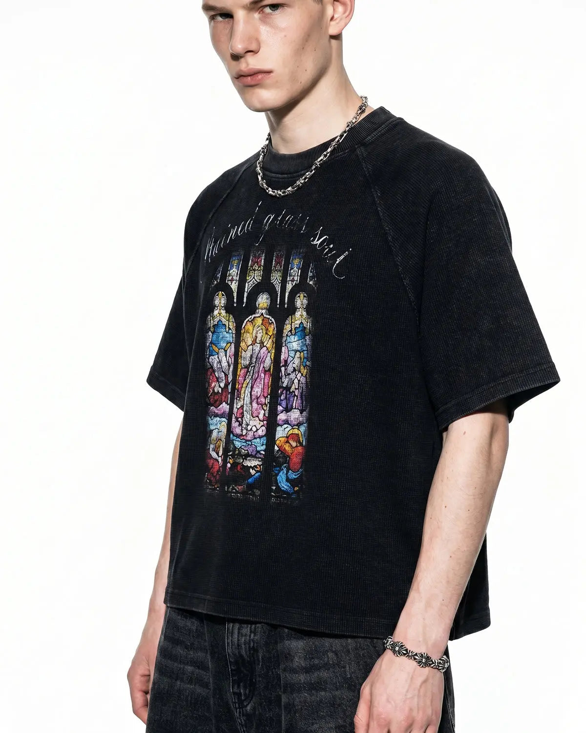 Washed graphic boxy waffle T-shirt by INFLATION Streetwear, featuring a casual fit and bold graphic design on soft fabric.
