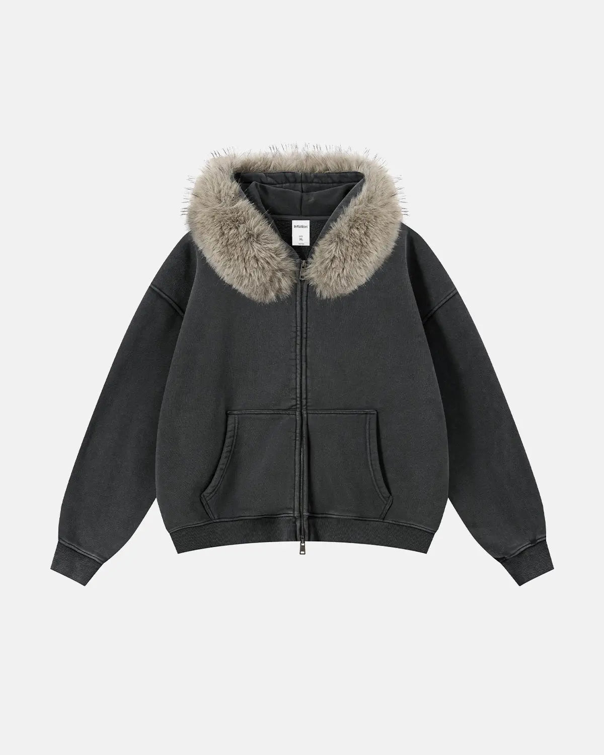 Inflation streetwear faux fur collar distressed zip-up hoodie with hood and front pockets, stylish and casual urban fashion.