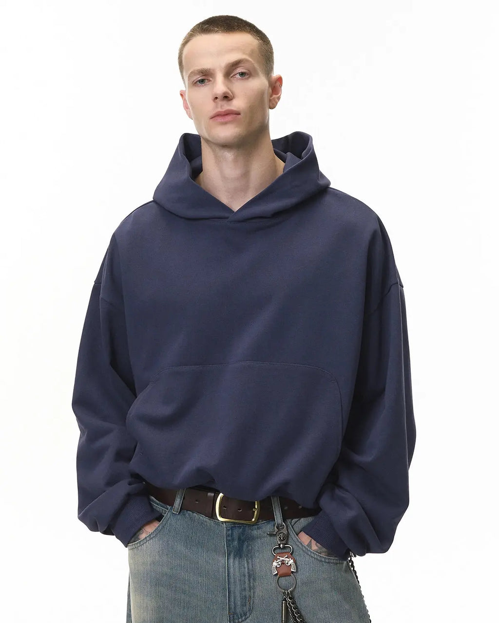 Blank boxy fit French Terry hoodie by INFLATION, featuring a relaxed silhouette and soft fabric for comfortable streetwear style.