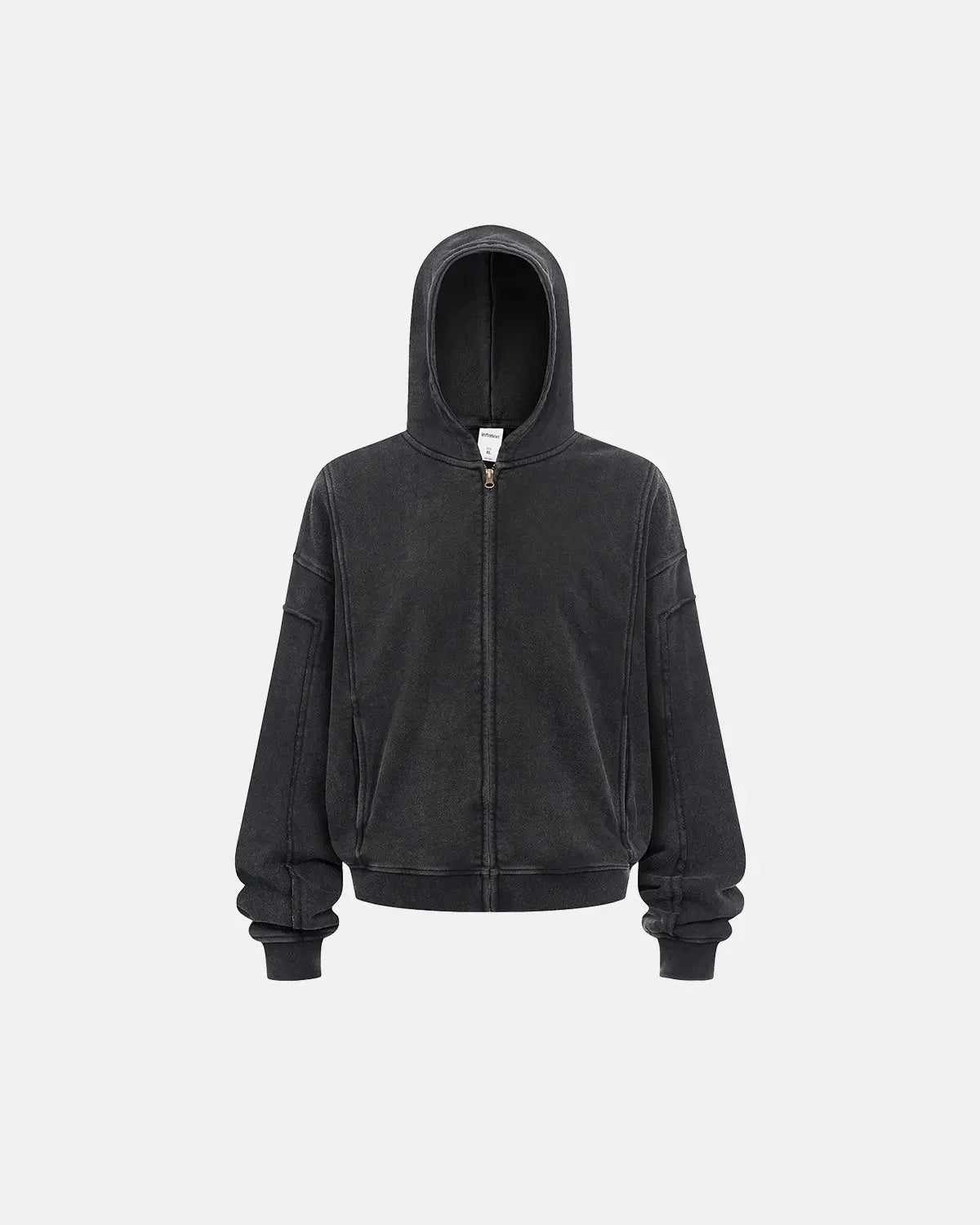 Inflation Streetwear acid wash zip-up hoodie with stitching detail, featuring a front zipper and casual hooded design.