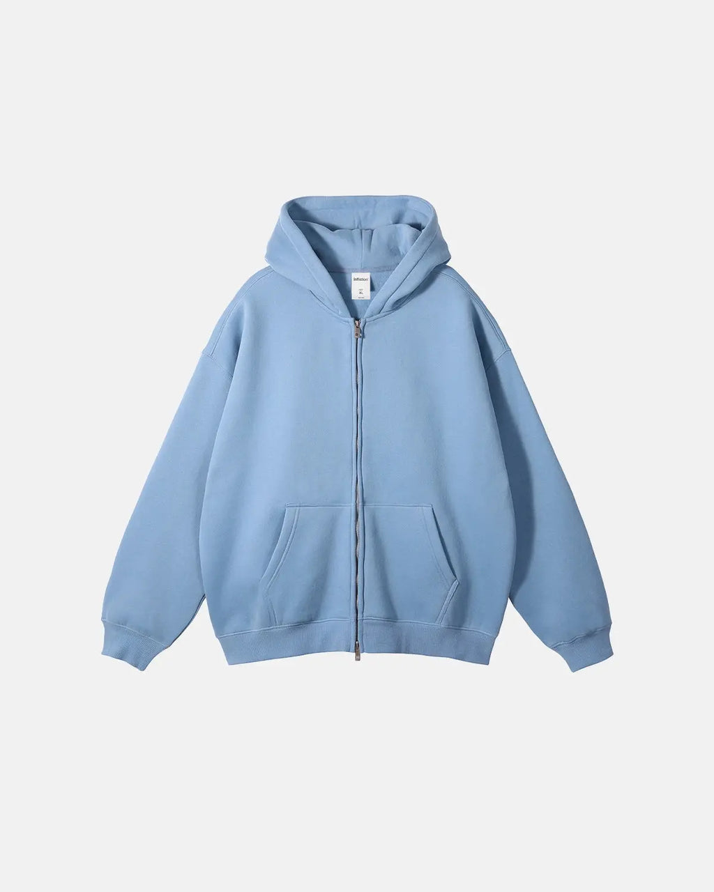 Inflation Streetwear fleece double zip-up hoodie jacket with front zippers and cozy texture, shown in a stylish casual design.