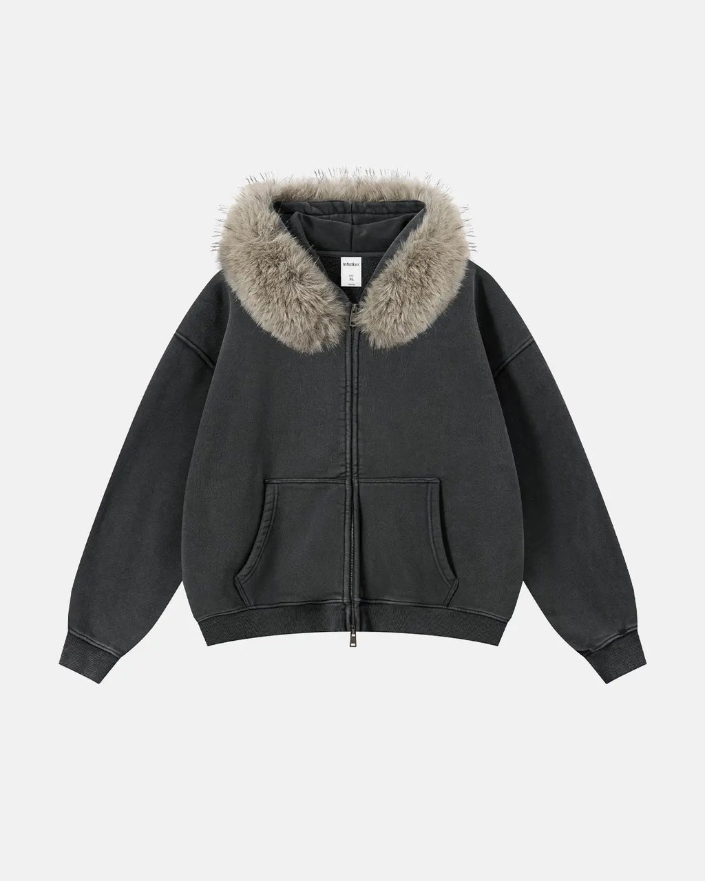 INFLATION faux fur collar acid wash zip-up hoodie featuring a hood and stylish streetwear design, shown on a model.