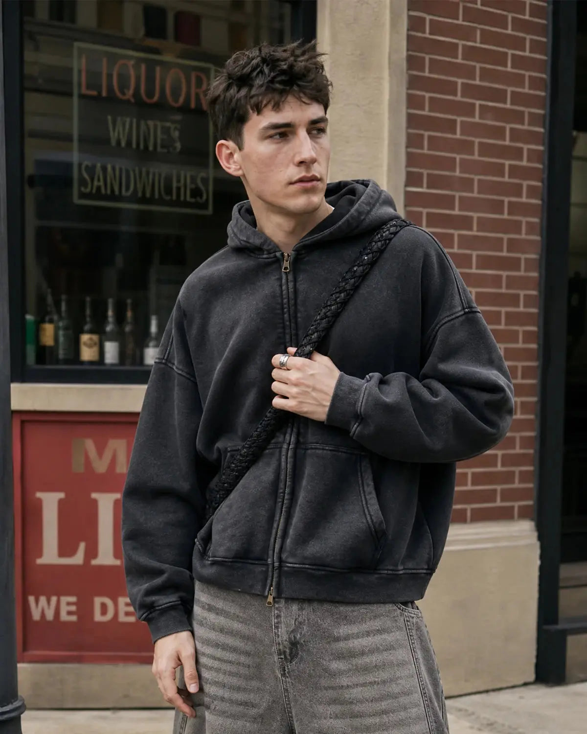Vintage washed zip-up hoodie by INFLATION, featuring a comfortable fit and casual style with a distressed, retro look.
