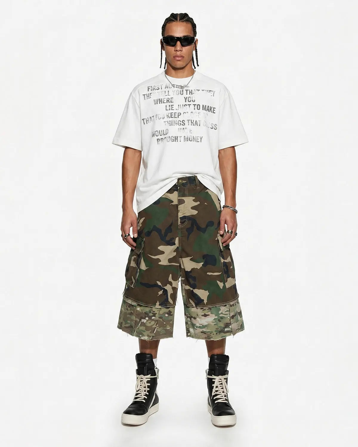 Camo layered longline jorts by INFLATION, stylish streetwear shorts with a layered design and camouflage pattern.