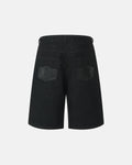 Black baggy long jorts by INFLATION featuring a loose fit, distressed denim, and casual streetwear style.