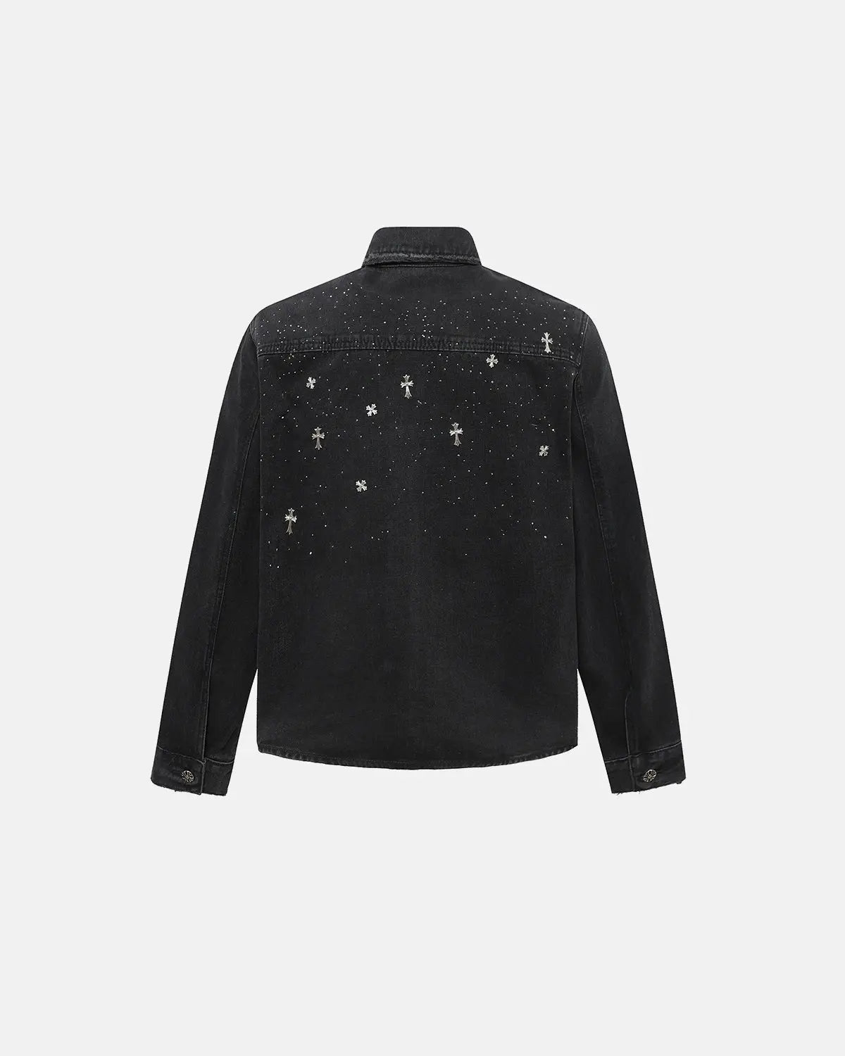 Inflation Starry Cross Rhinestone washed denim shirt, casual t-shirt with starry cross design and distressed denim fabric.