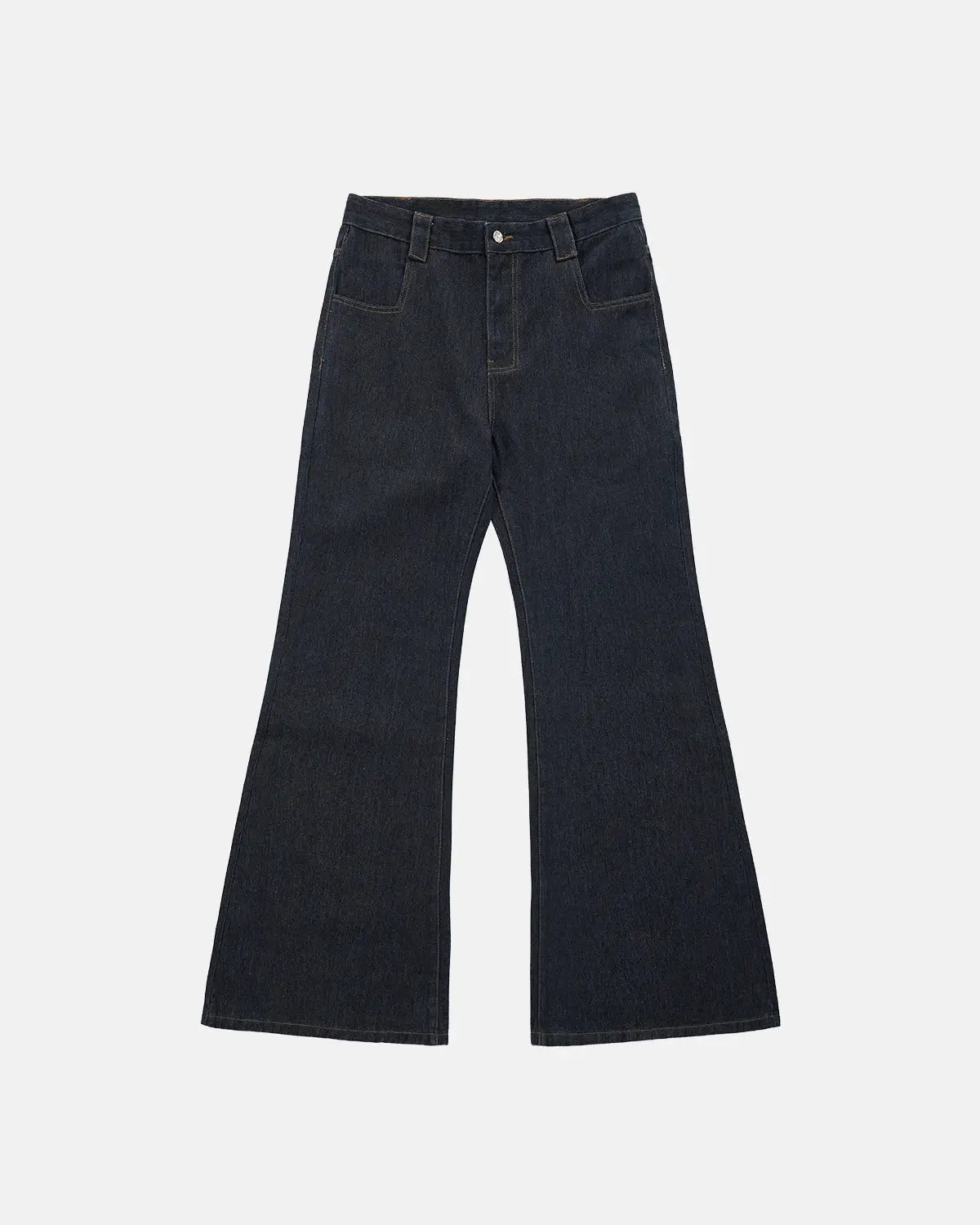 Inflation Super Raw Flared Baggy Jeans with distressed details and wide-leg style, shown on a model.