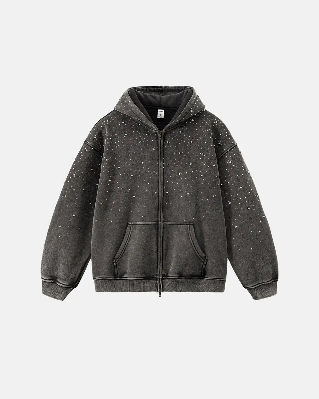 Distressed washed fleece zip-up hoodie by INFLATION with rhinestone embellishments and streetwear style.