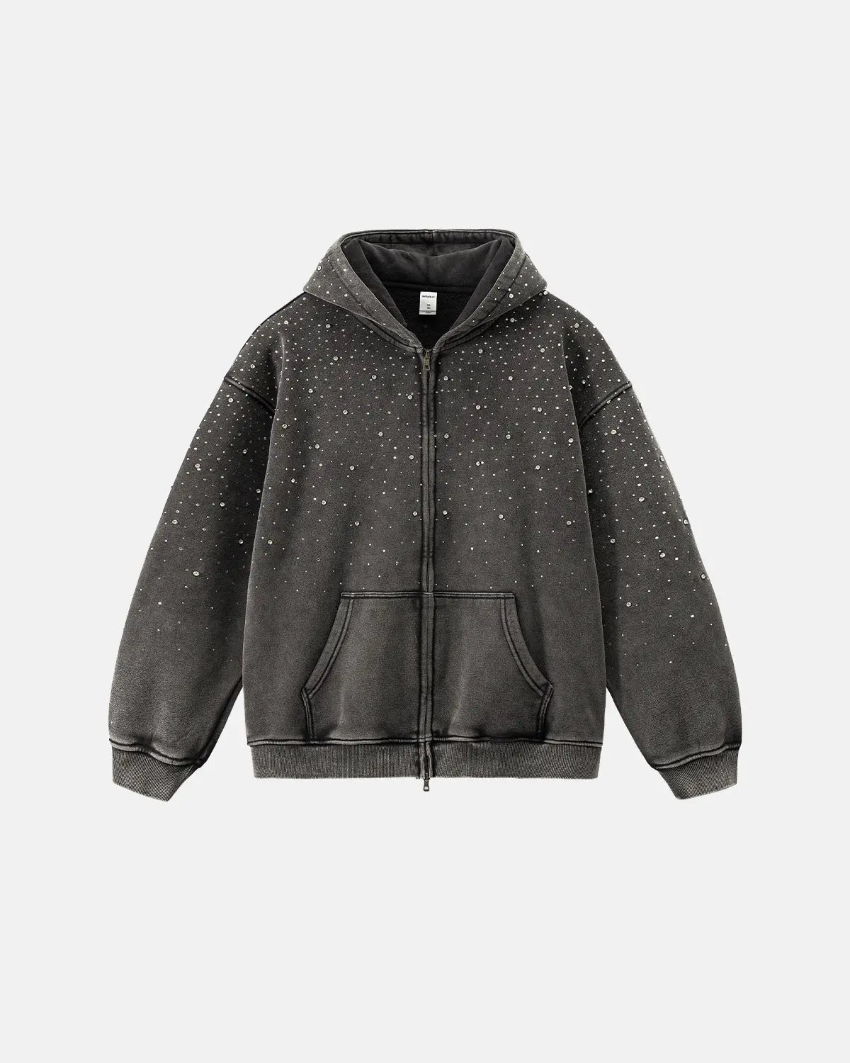 Distressed washed fleece zip-up hoodie by INFLATION with rhinestone embellishments and streetwear style.