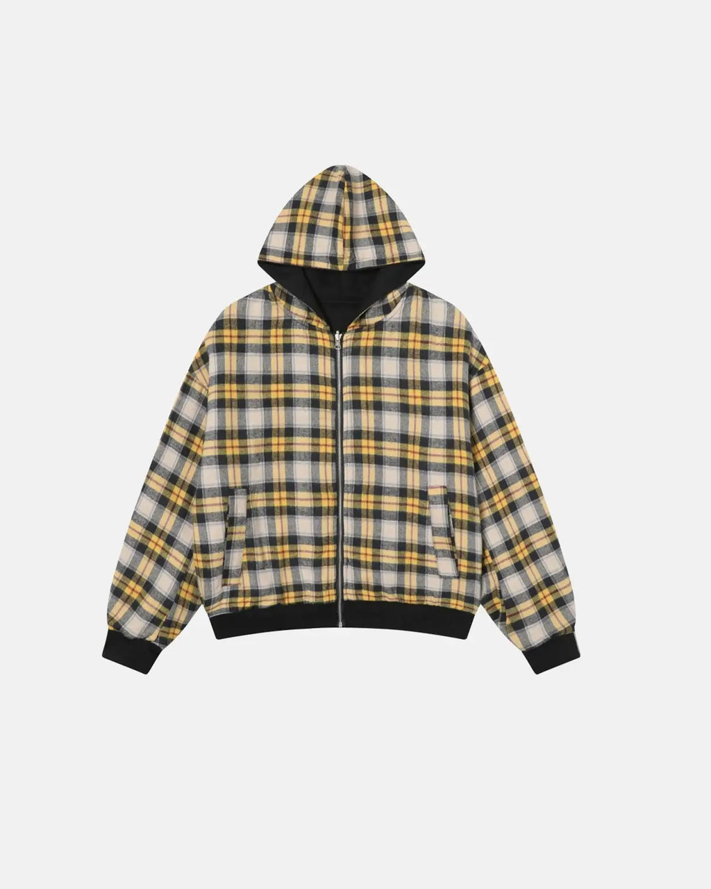 Reversible plaid zip-up hoodie by INFLATION, featuring a stylish checkered pattern and a comfortable hoodie design.