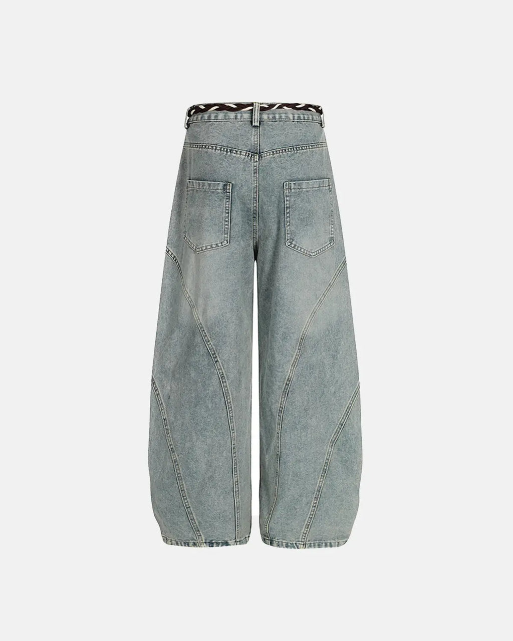 Acid wash stitching baggy jeans from Inflation Streetwear featuring distressed details and relaxed fit, styled for casual wear.