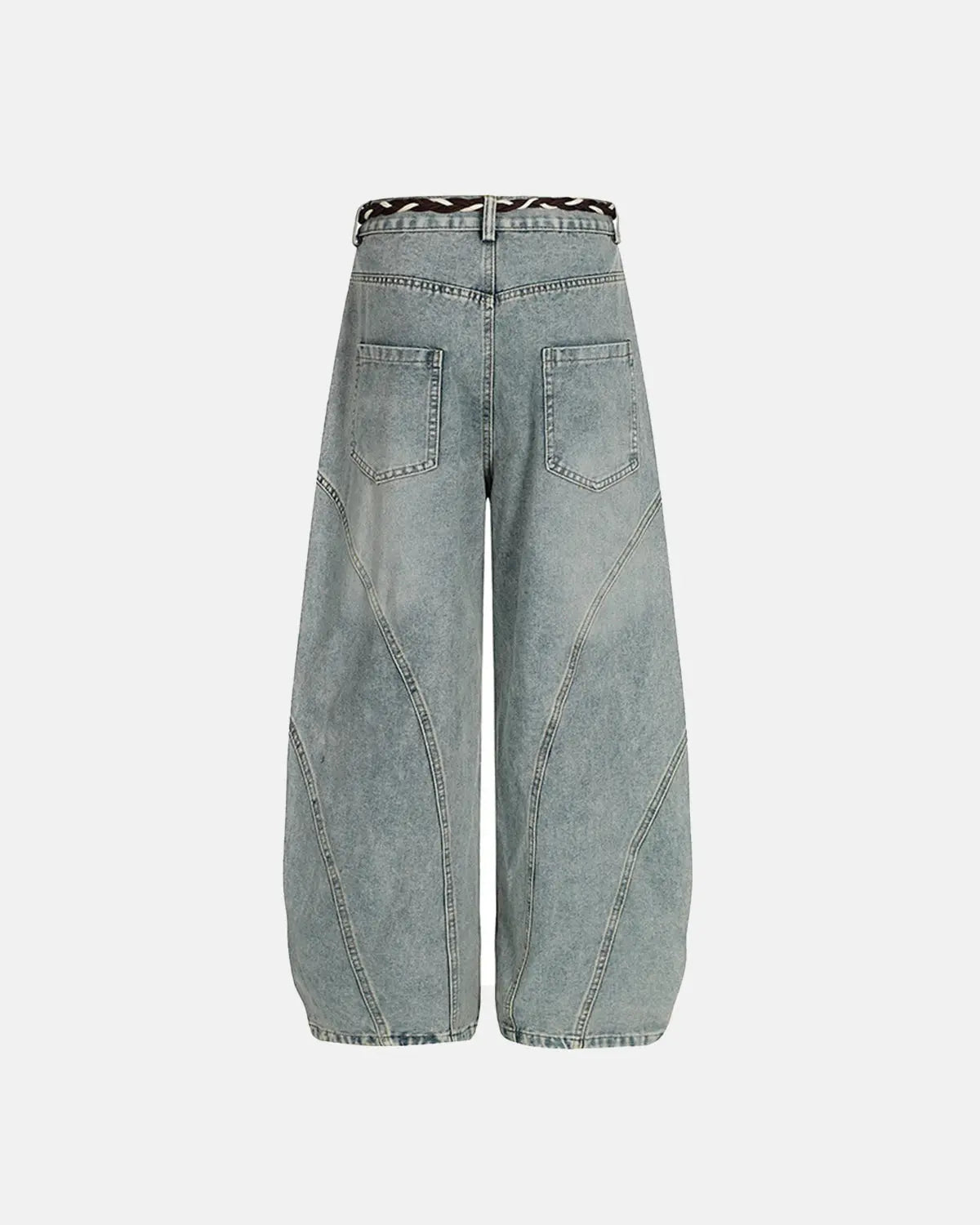 Acid wash stitching baggy jeans from Inflation Streetwear featuring distressed details and relaxed fit, styled for casual wear.