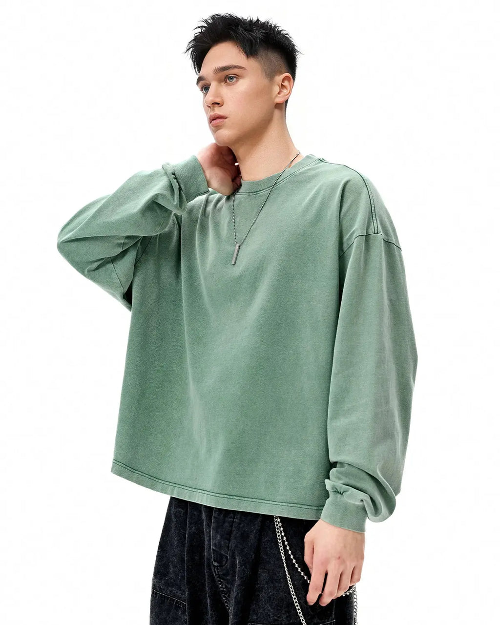 Distressed washed long sleeve tee by INFLATION Streetwear, featuring a faded, vintage look and relaxed fit.