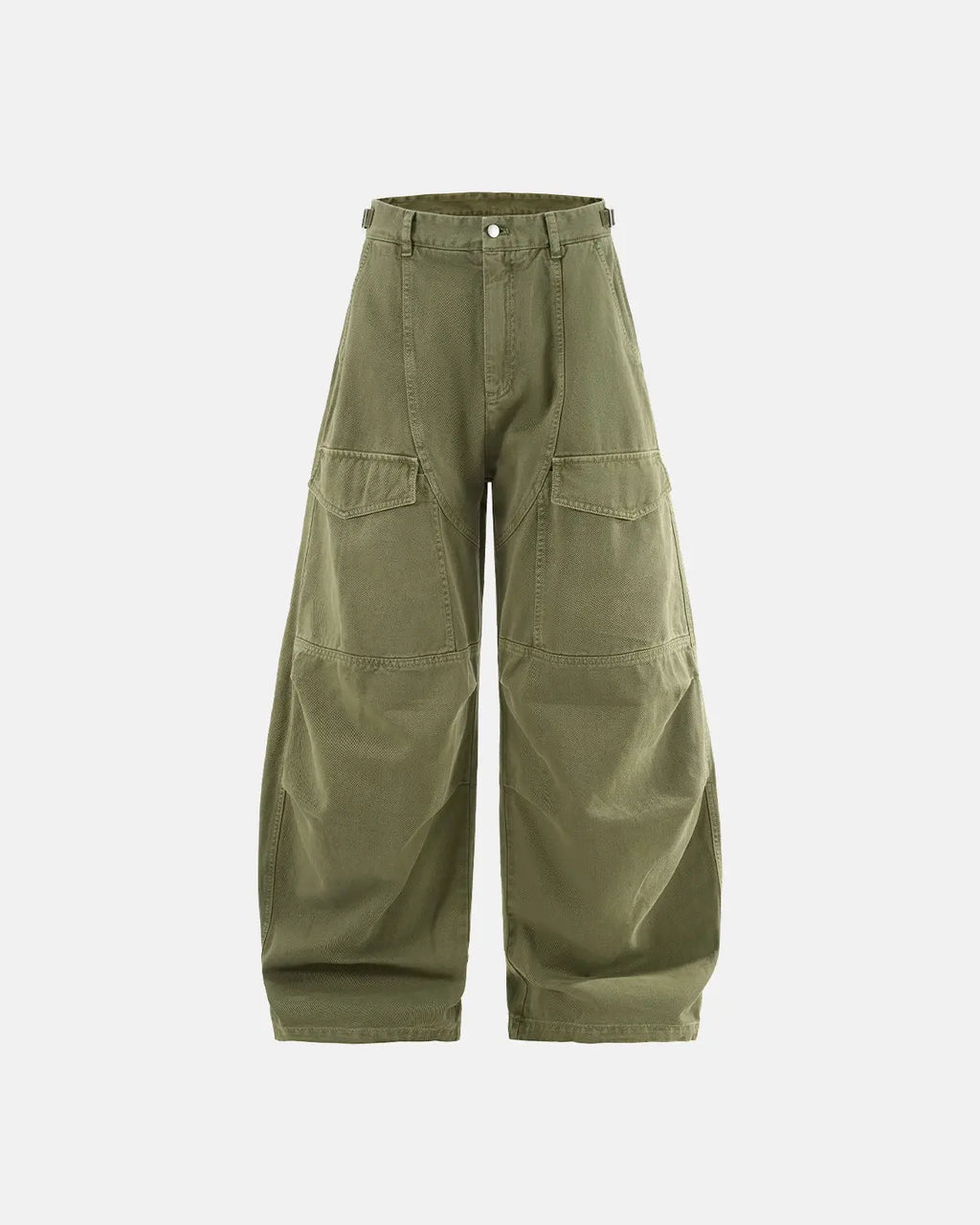 Inflation streetwear cargo pants with multiple pockets, garment washed for a casual, worn-in look, shown in a close-up view.