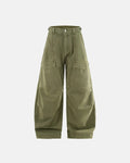 Inflation streetwear cargo pants with multiple pockets, garment washed for a casual, worn-in look, shown in a close-up view.