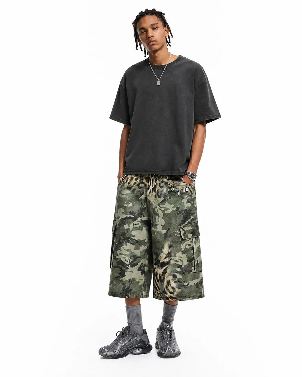 Leopard camo cargo longline shorts by INFLATION Streetwear, featuring a bold animal print and extended length design.