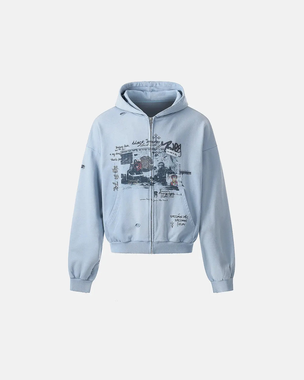 Inflation streetwear graffiti character distressed washed zip hoodie featuring bold urban graphic and casual fit.