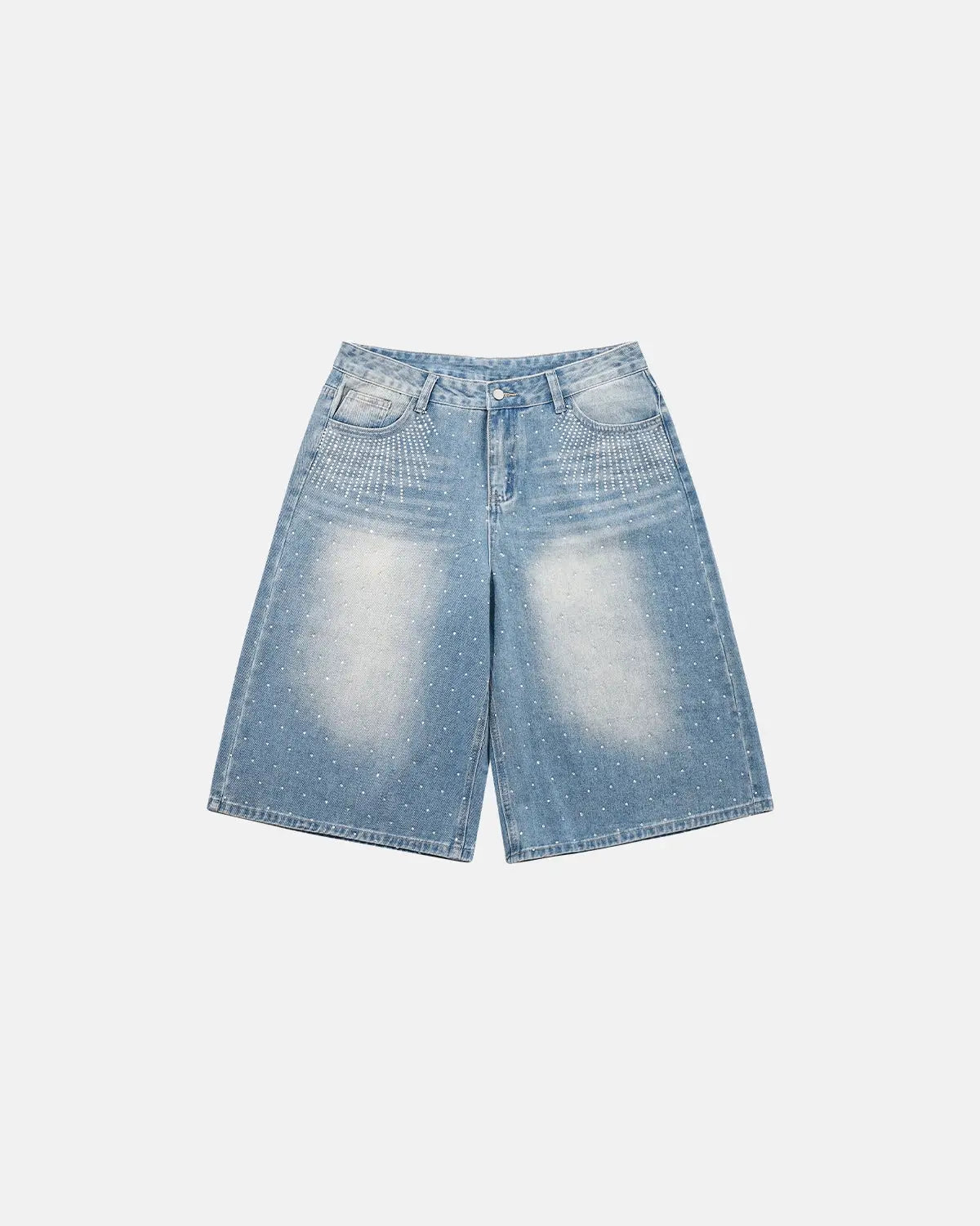 Blue rhinestone baggy jeans shorts by INFLATION, stylish streetwear pants with rhinestone embellishments and a relaxed fit.