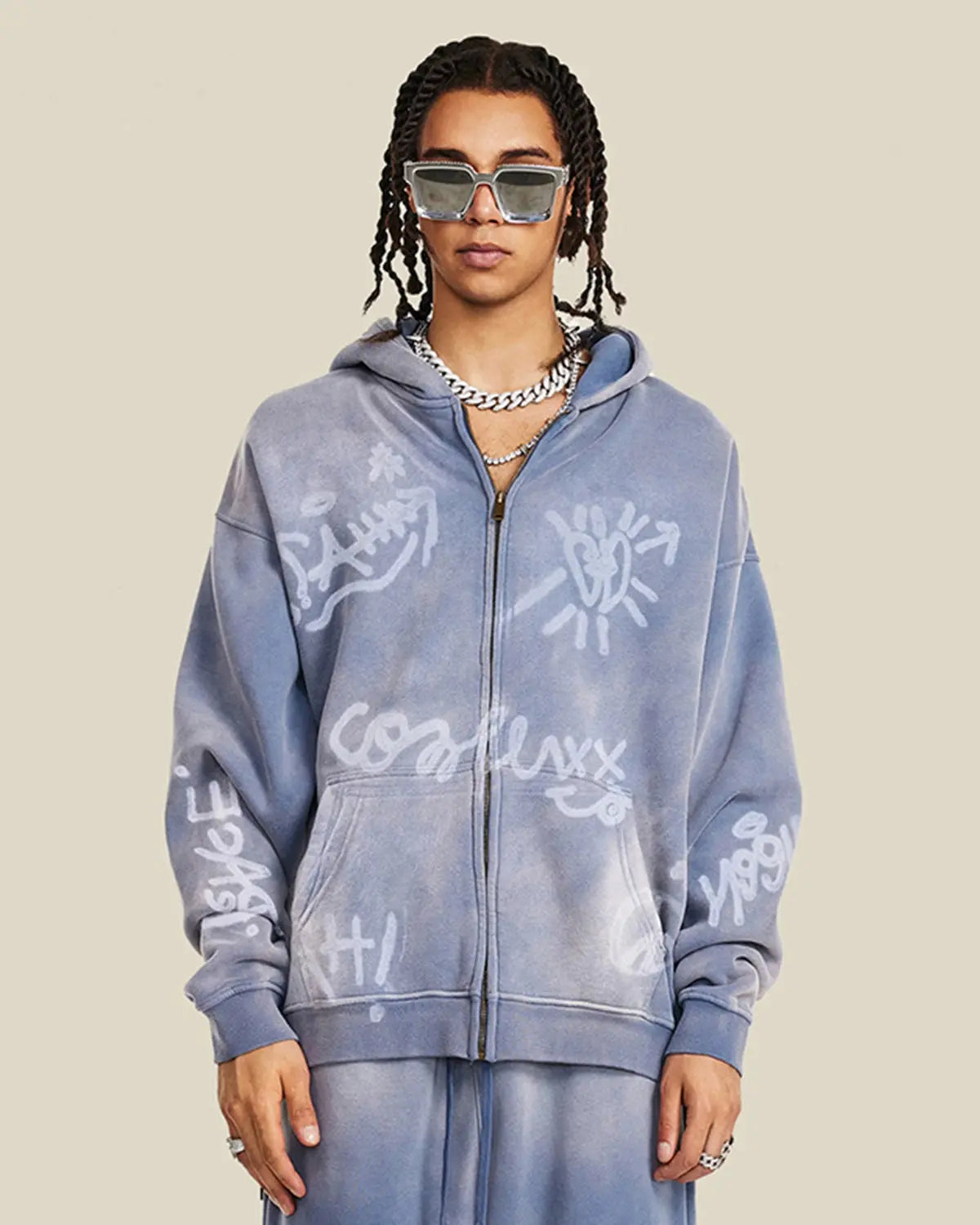 Inflation graffiti washed zip-up hoodie featuring colorful graffiti design, casual fit, and comfortable fabric.