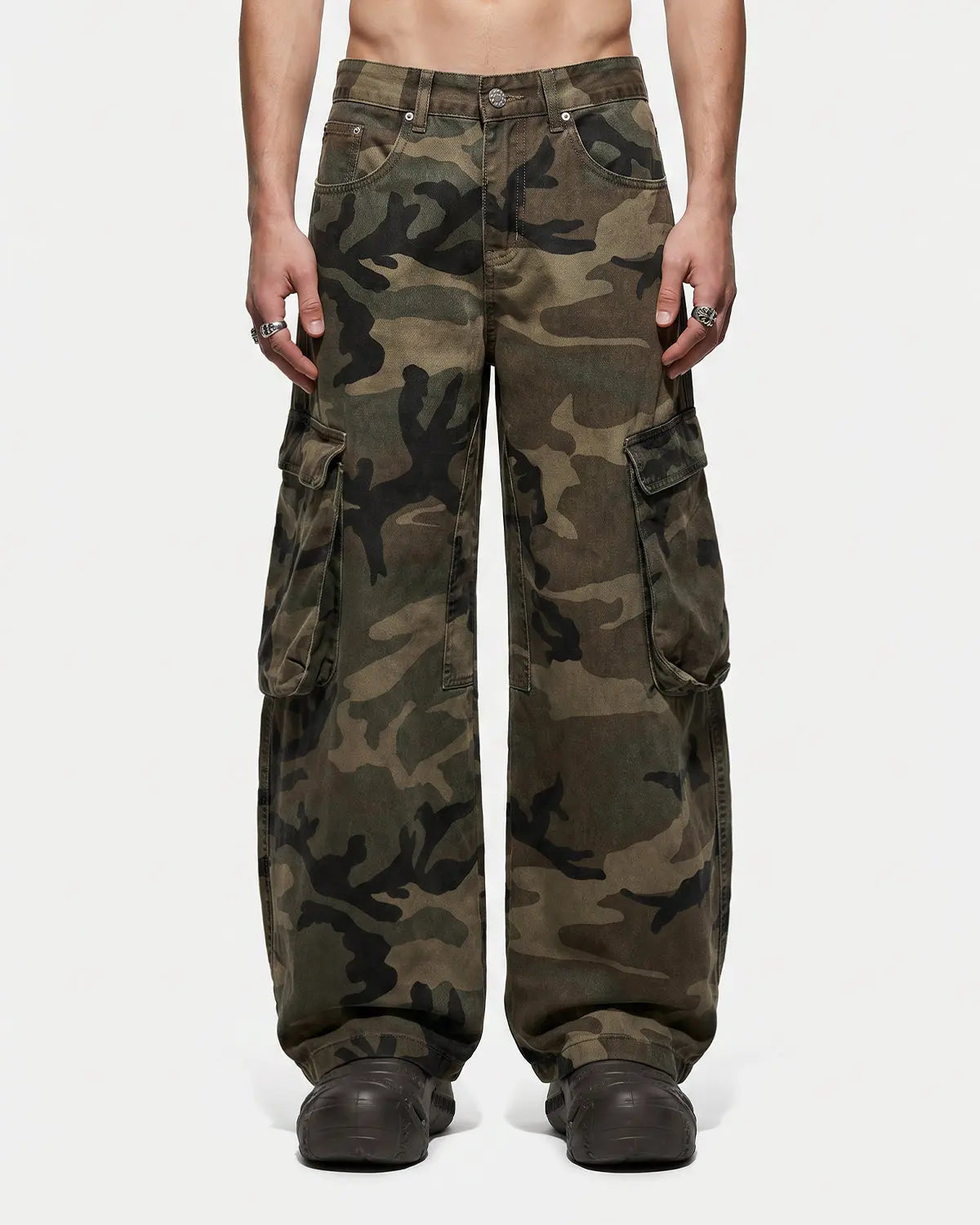 Inflation Camo Cargo Barrel Pants with multiple pockets and relaxed fit, featuring a camouflage print and streetwear style.