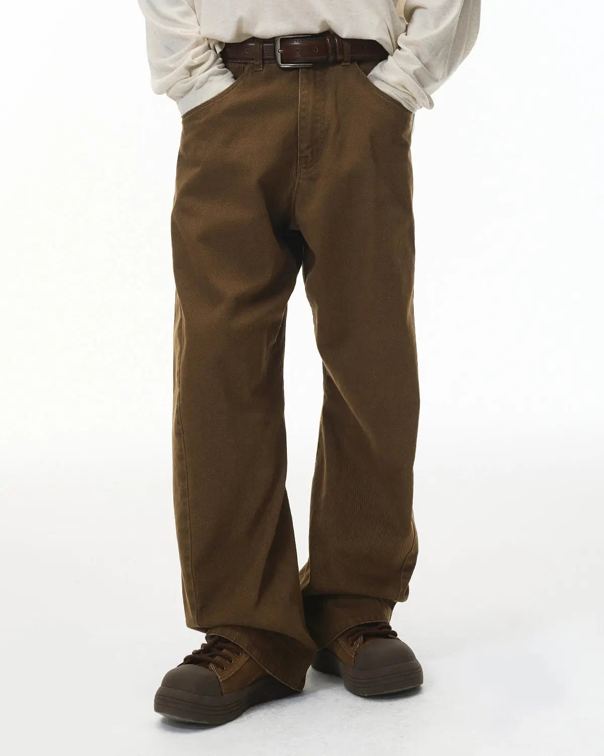Inflation Stitching Flare Baggy Jeans with distressed details and high waist, showcasing a relaxed streetwear style.
