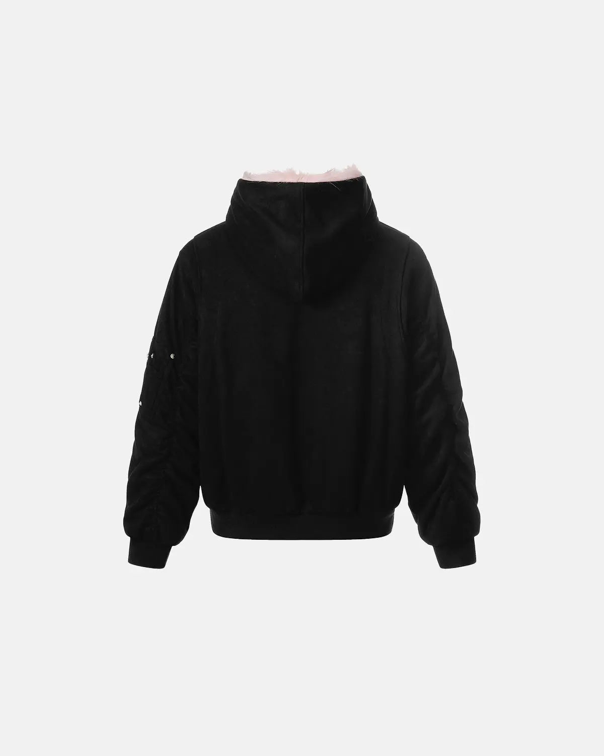 Reversible faux fur hooded jacket by INFLATION, showing both plush fur and sleek fabric sides for streetwear style.