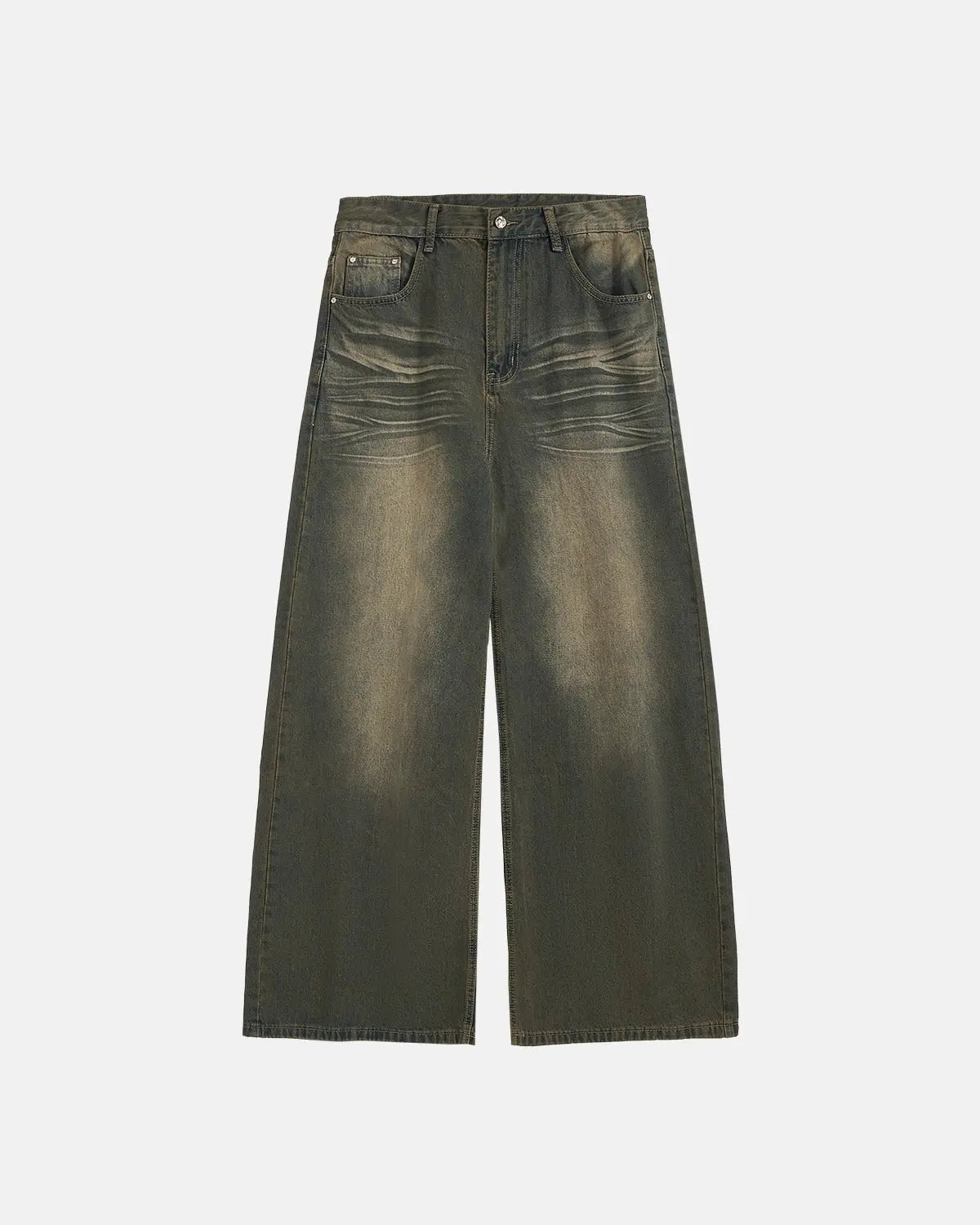 INFLATION washed loose-fit denim pants, streetwear style with distressed details and relaxed fit, shown on a model.