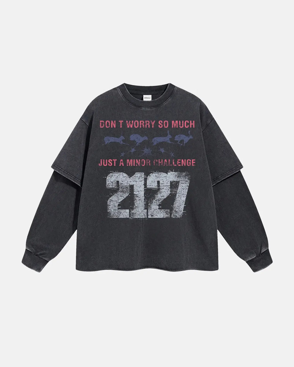 Black acid wash layered T-shirt by INFLATION, featuring a trendy streetwear design with a layered look and distressed acid wash finish.