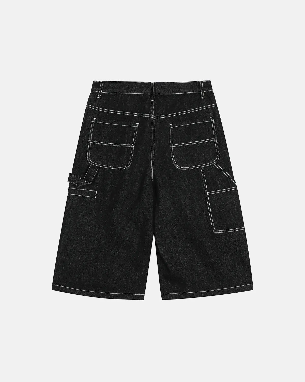 Inflation streetwear contrast stitching raw cargo jorts, denim pants with distressed details and rugged style.