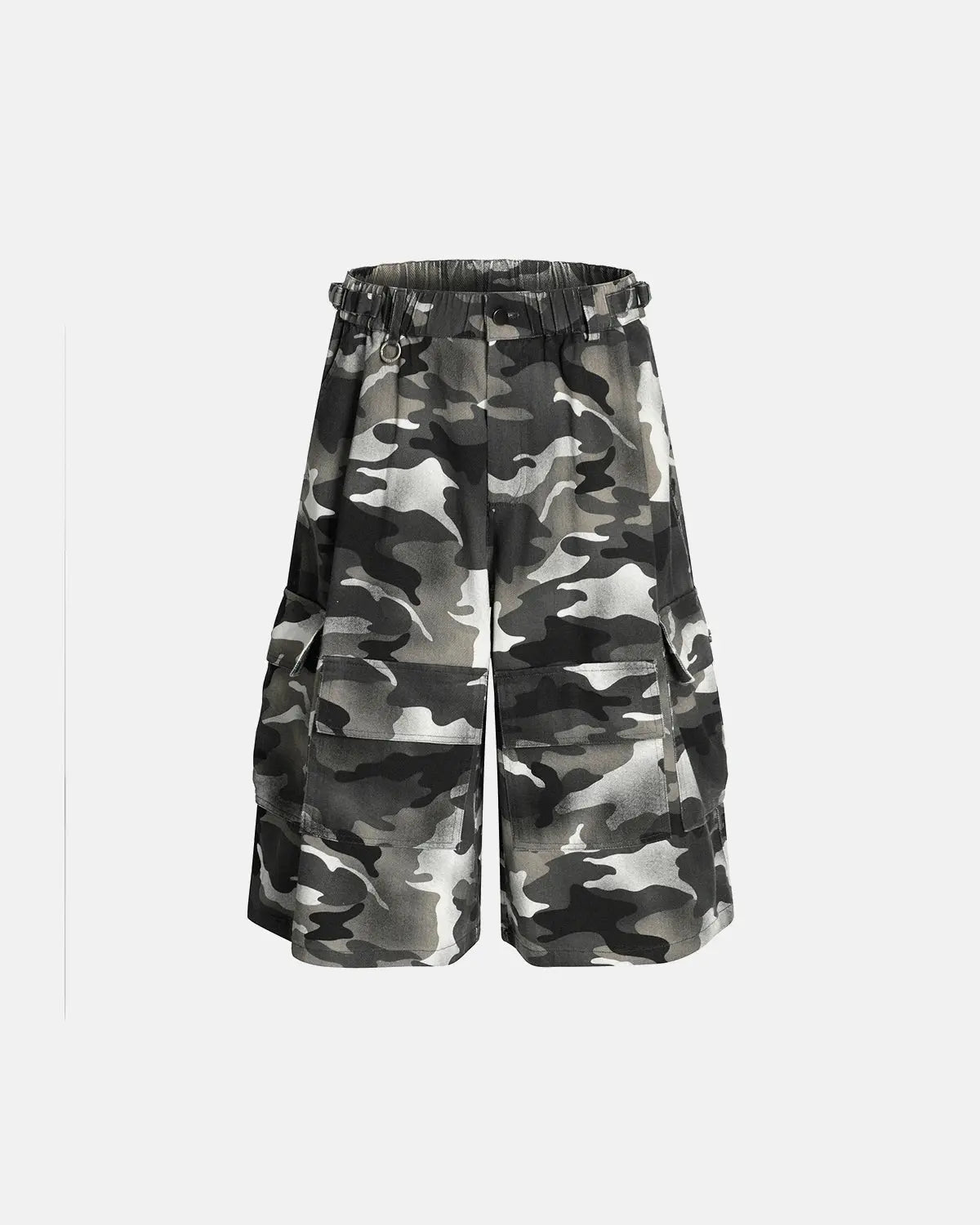 Grey camo utility longline shorts by INFLATION, featuring multiple pockets and a relaxed fit, perfect for streetwear style.