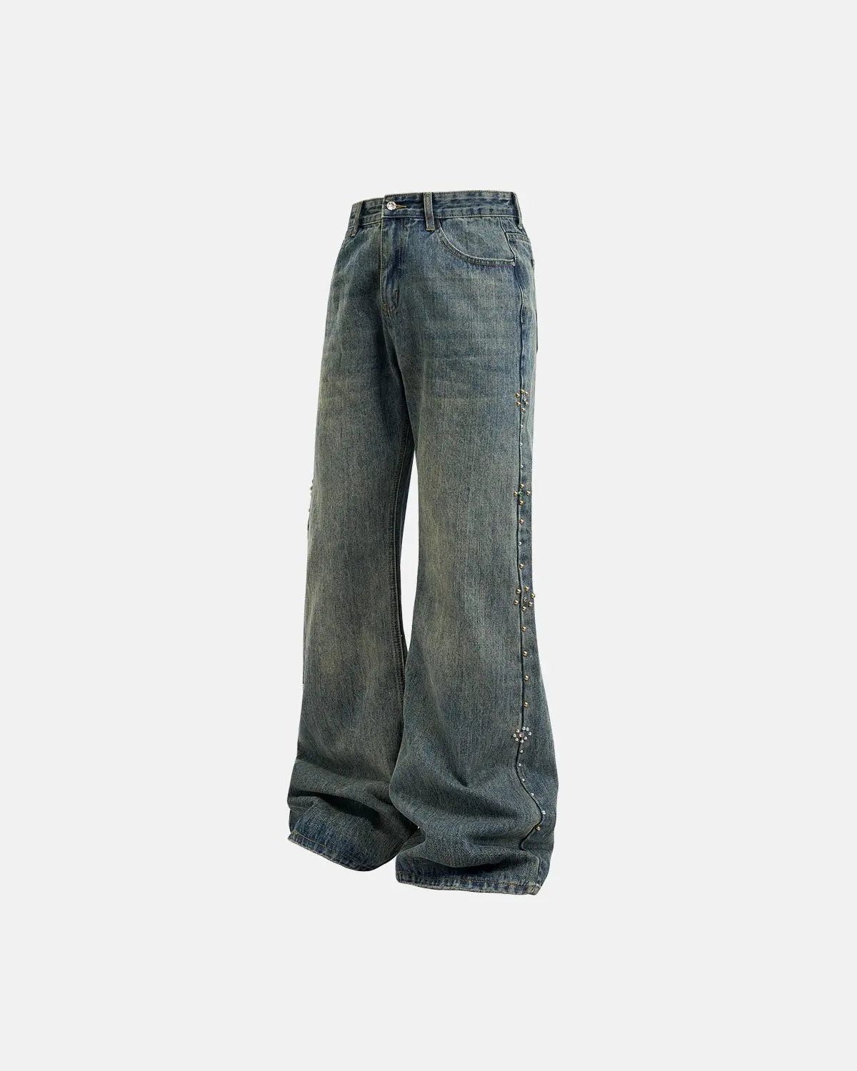 Acid wash beaded studded flared baggy jeans from INFLATION Streetwear with distressed details and wide-leg fit.