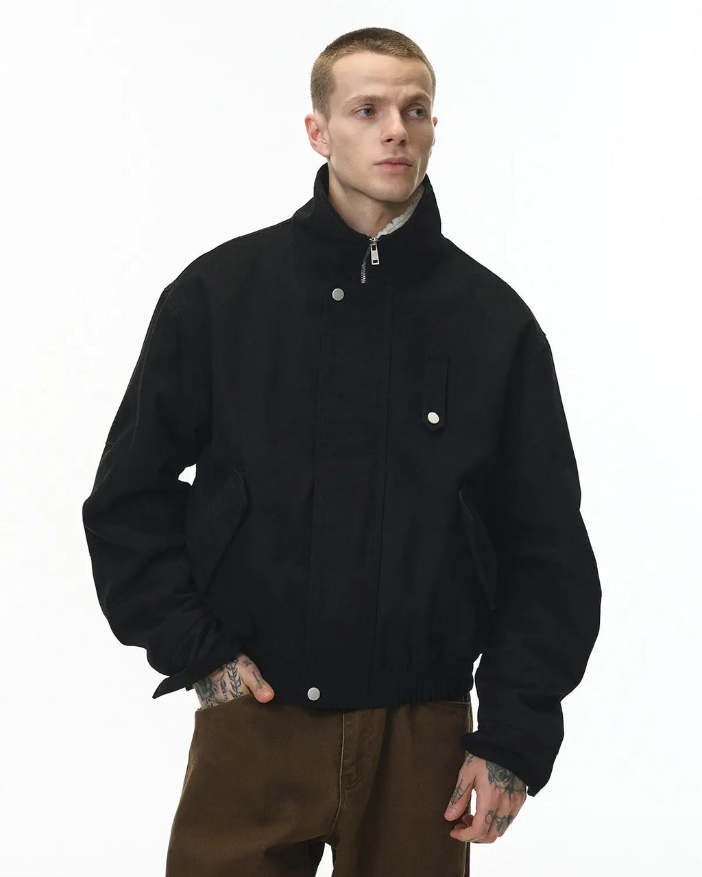 INFLATION faux shearling lining lambswool jacket with warm, textured interior and stylish streetwear design.