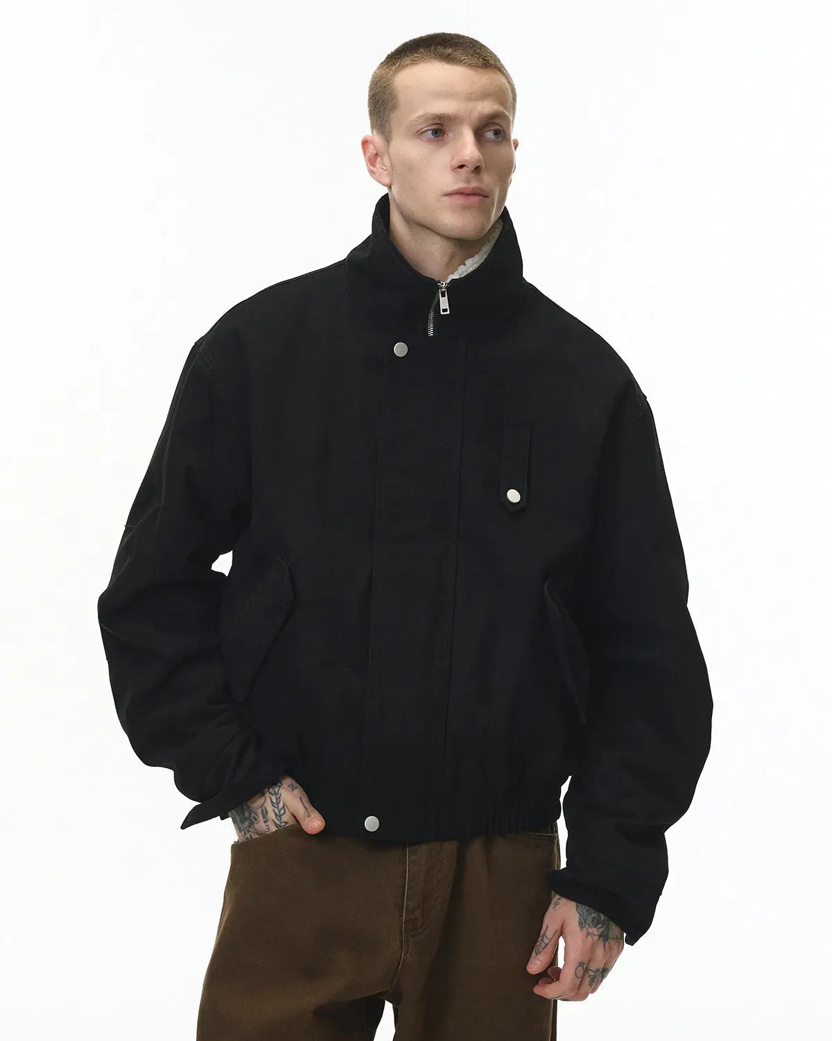 INFLATION faux shearling lining lambswool jacket with warm, textured interior and stylish streetwear design.