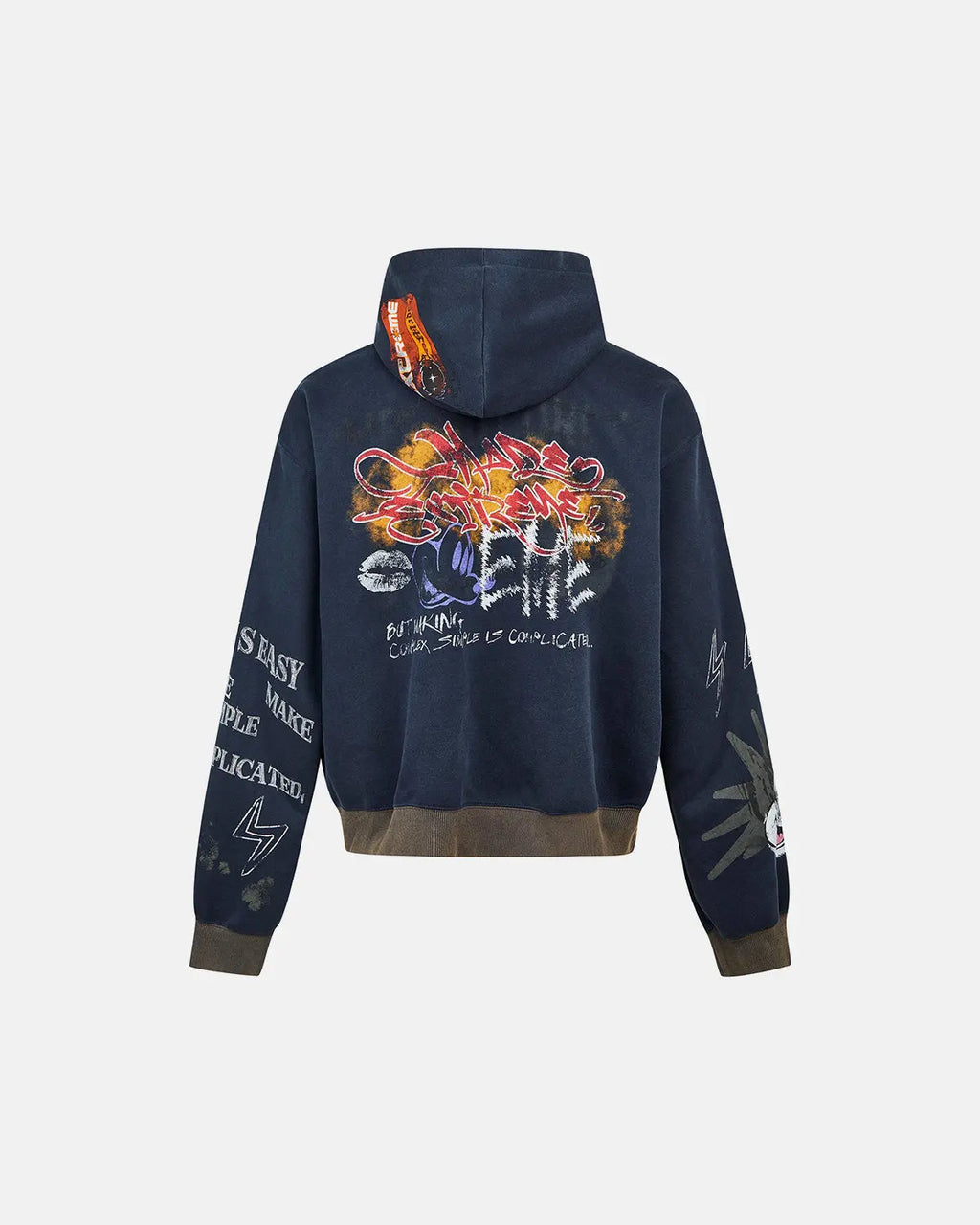 Inflation Streetwear boxy graffiti zip-up hoodie with bold graffiti design, front zipper, and relaxed fit in black fabric.