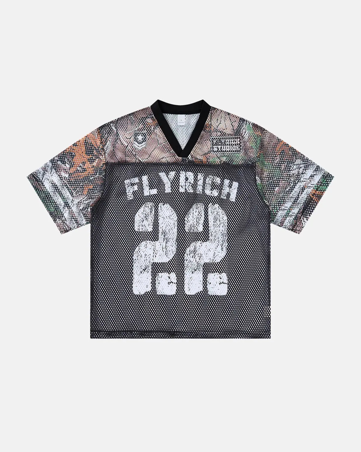 Inflation Streetwear camo mesh digital print jersey tee with camouflage pattern and breathable fabric, casual streetwear style.