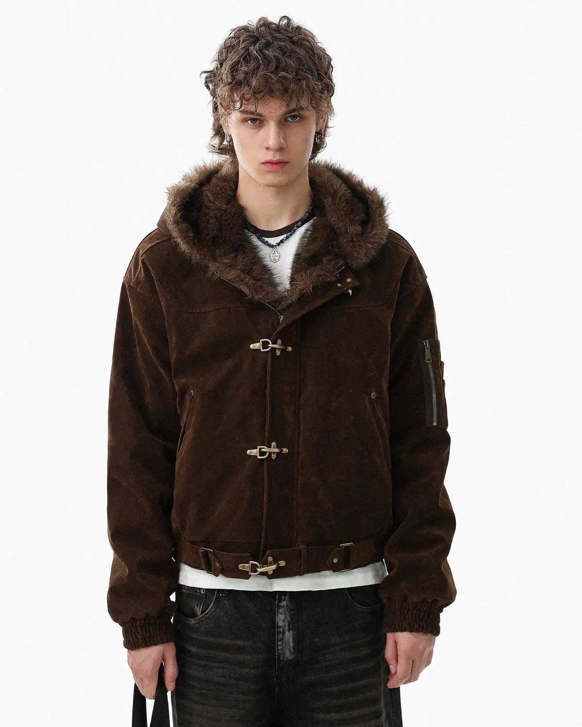 Faux fur lined clasp bomber jacket by INFLATION, featuring a stylish streetwear design with a cozy fur interior and front clasp closure.