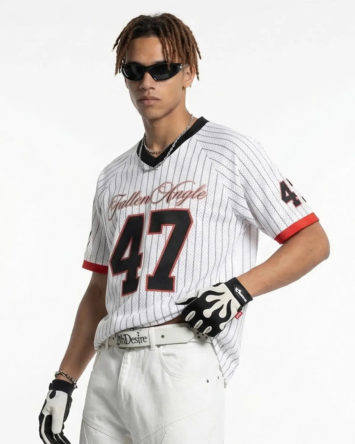 INFLATION Pinstripe Number Mesh Jersey featuring a sleek mesh fabric and bold number design, perfect for streetwear fashion.