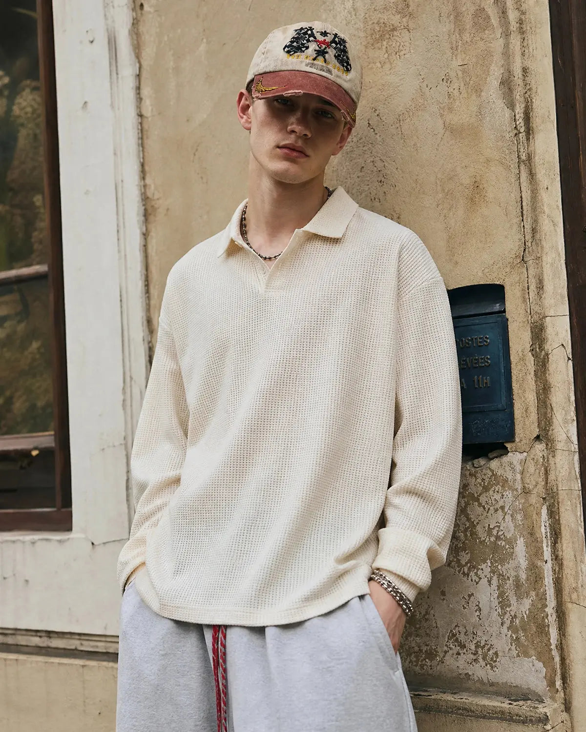 Inflation Streetwear waffle long sleeve polo shirt, navy color, with a classic collar and button placket, casual men's t-shirt style.