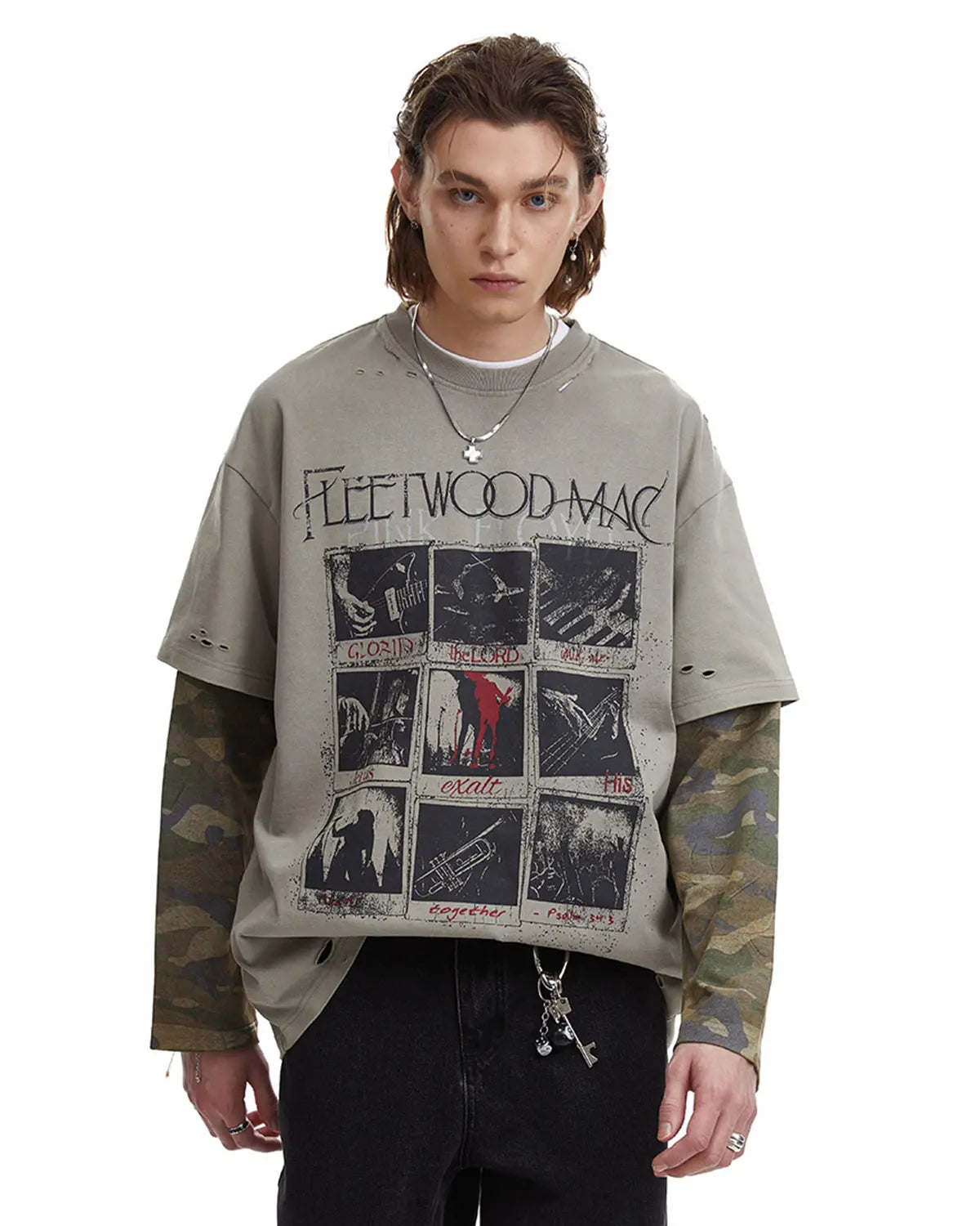 Camo Sleeve Layered Graphic T-Shirt by INFLATION Streetwear featuring camouflage sleeves and bold graphic design.