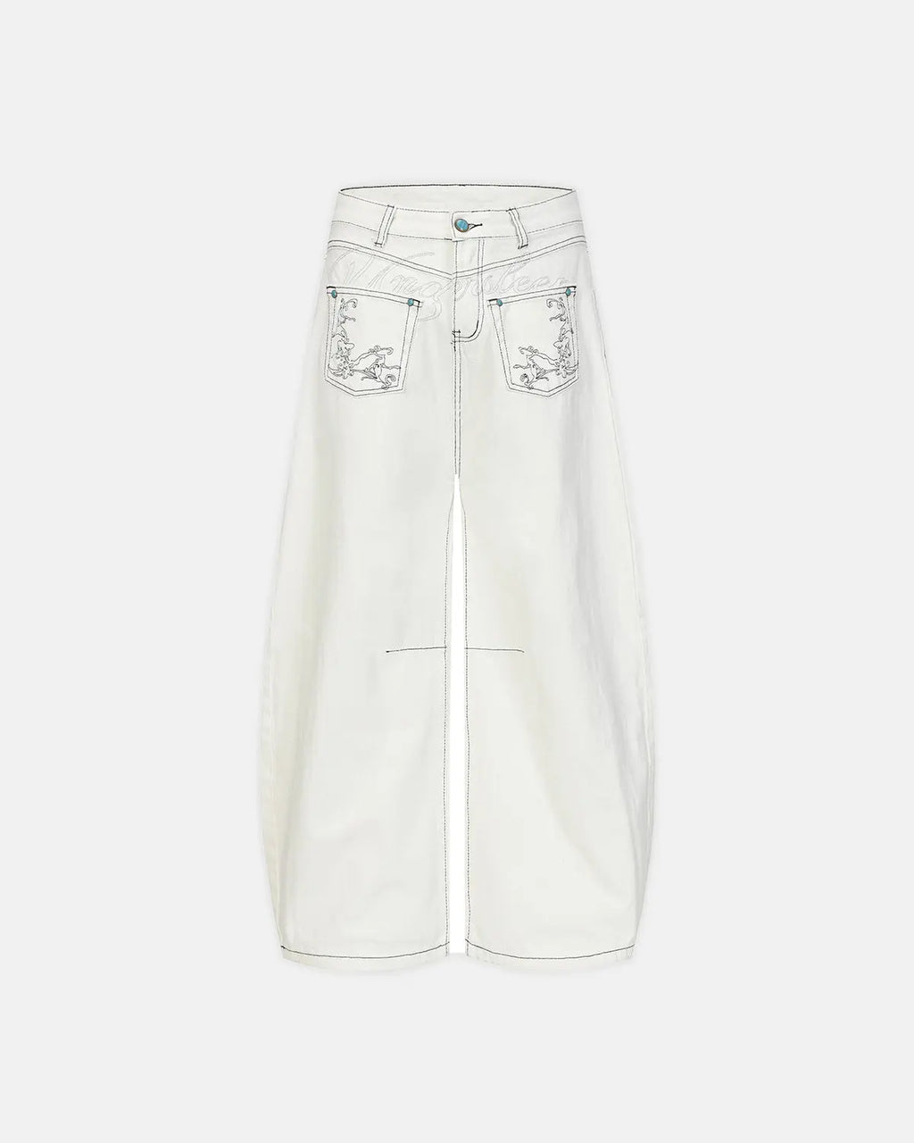 Graphic embroidered washed barrel jeans by INFLATION, stylish streetwear pants with colorful embroidery and a relaxed fit.