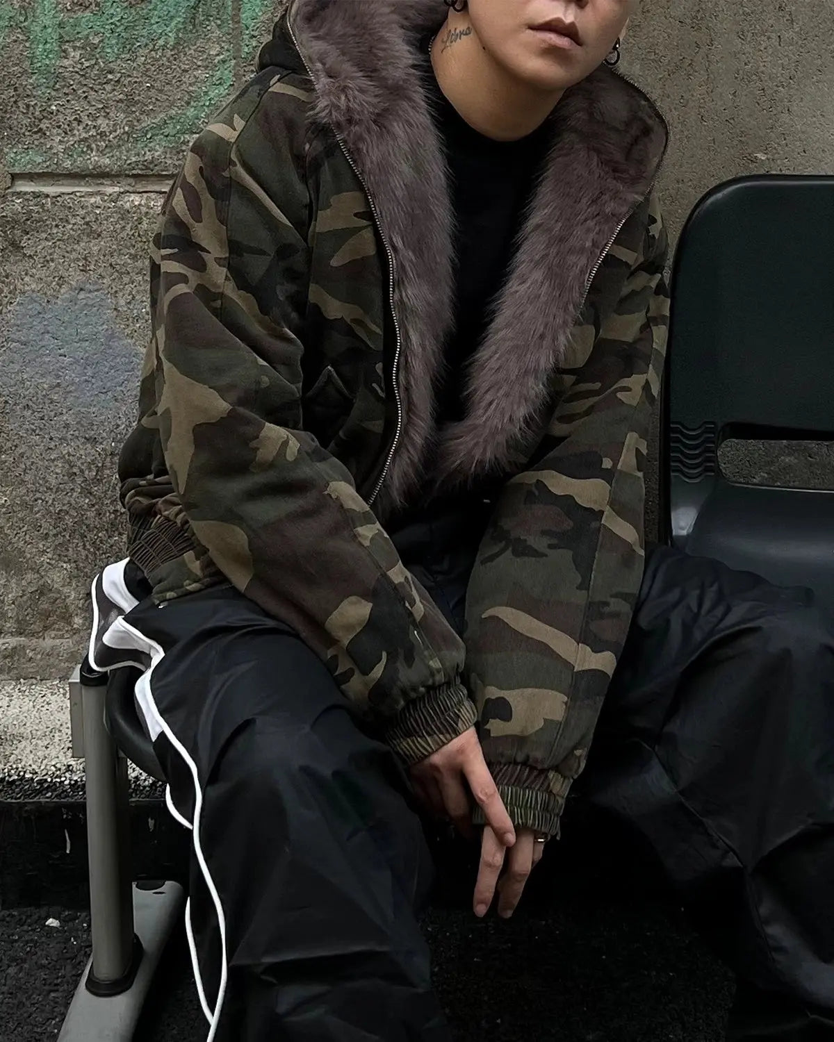 Inflation Camo Faux Fur Lined Bomber Jacket with camouflage pattern and cozy fur interior, stylish streetwear outerwear.