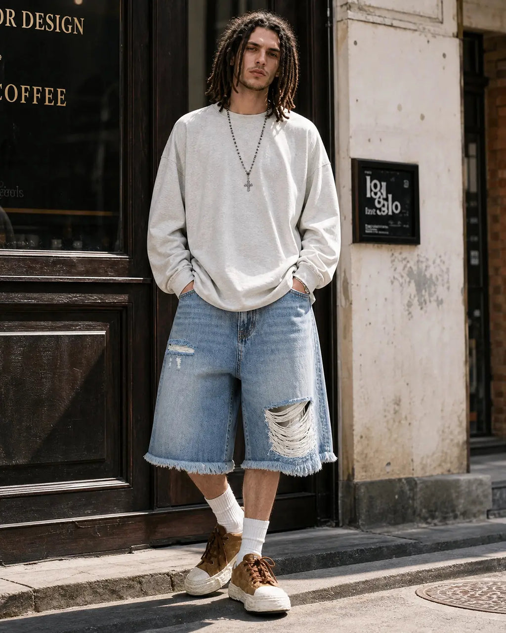 Distressed baggy jorts by INFLATION featuring adjustable waist tabs, casual streetwear pants with a relaxed fit and frayed hem.